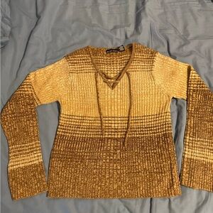 Derek Heart Golden Tan Ombre Knit V-Neck Sweater with Tie